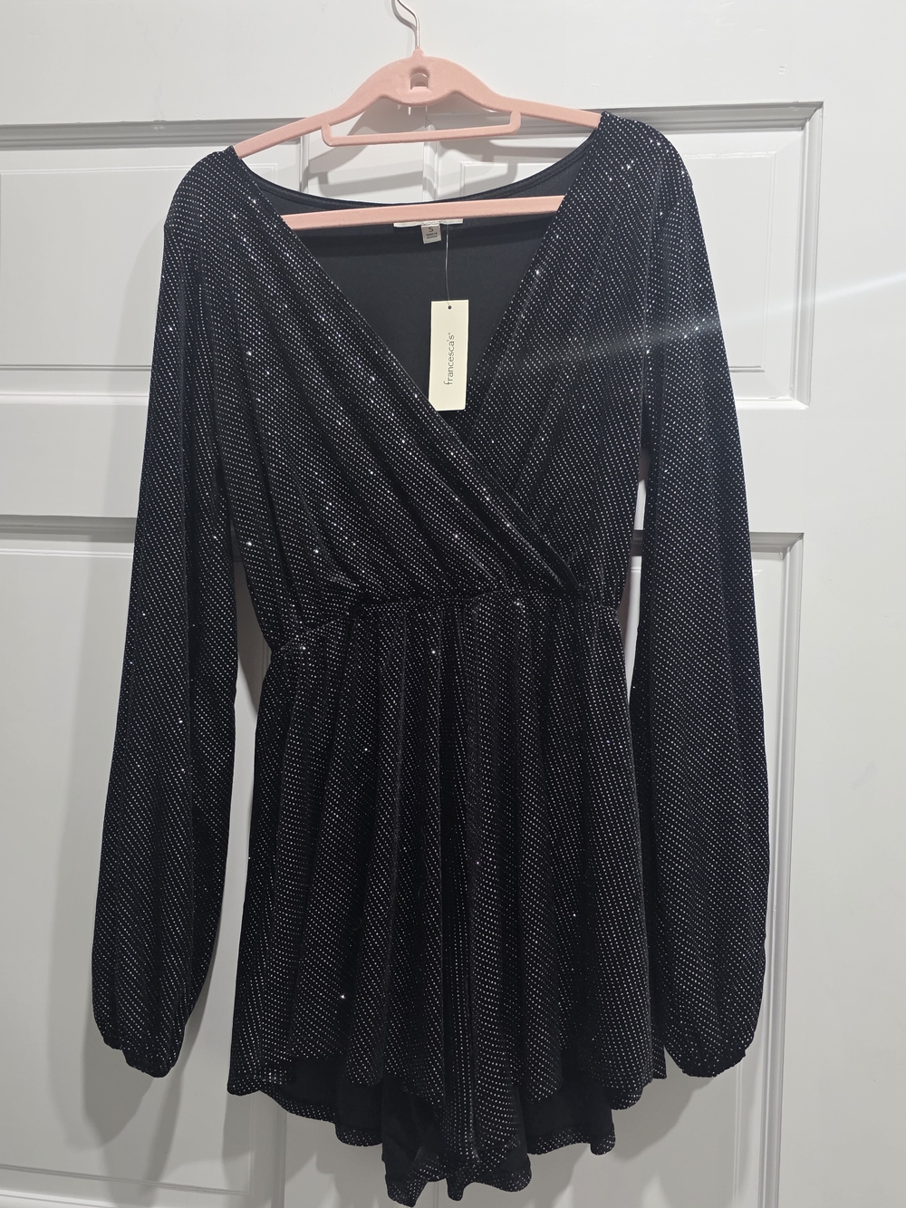 Francescas Long Sleeve Black Sparkle Wrap Dress